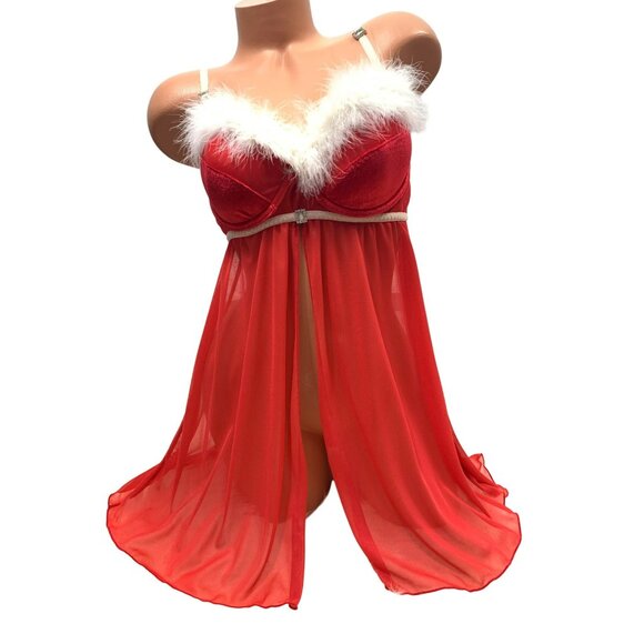 VTG Red Feather Trim Lingerie Babydoll Nightgown Holiday Santa Inner Secrets L - Picture 2 of 8